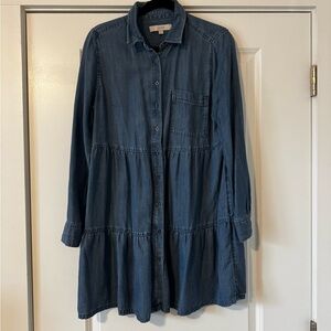 LOFT Indigo Chambray Tiered Shirt Dress